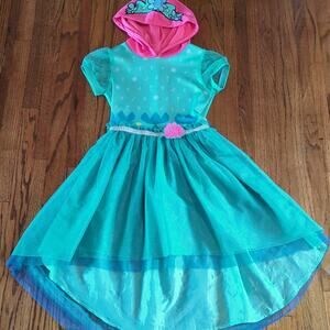 Girls Dreamworks Trolls Hi/Low Hooded Dress/Costume Lined Turquoise Size M 7/8